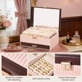 thumbnail image 5 of Casegrace 3-Tier 3D Structure Jewelry Box with Double-Sided Pull-Out Tray, Striped Color-Block PU Leather Jewelry Storage Box, Built-in Mirror, Layered Expandable Portable Jewelry Organizer Case, 5 of 10