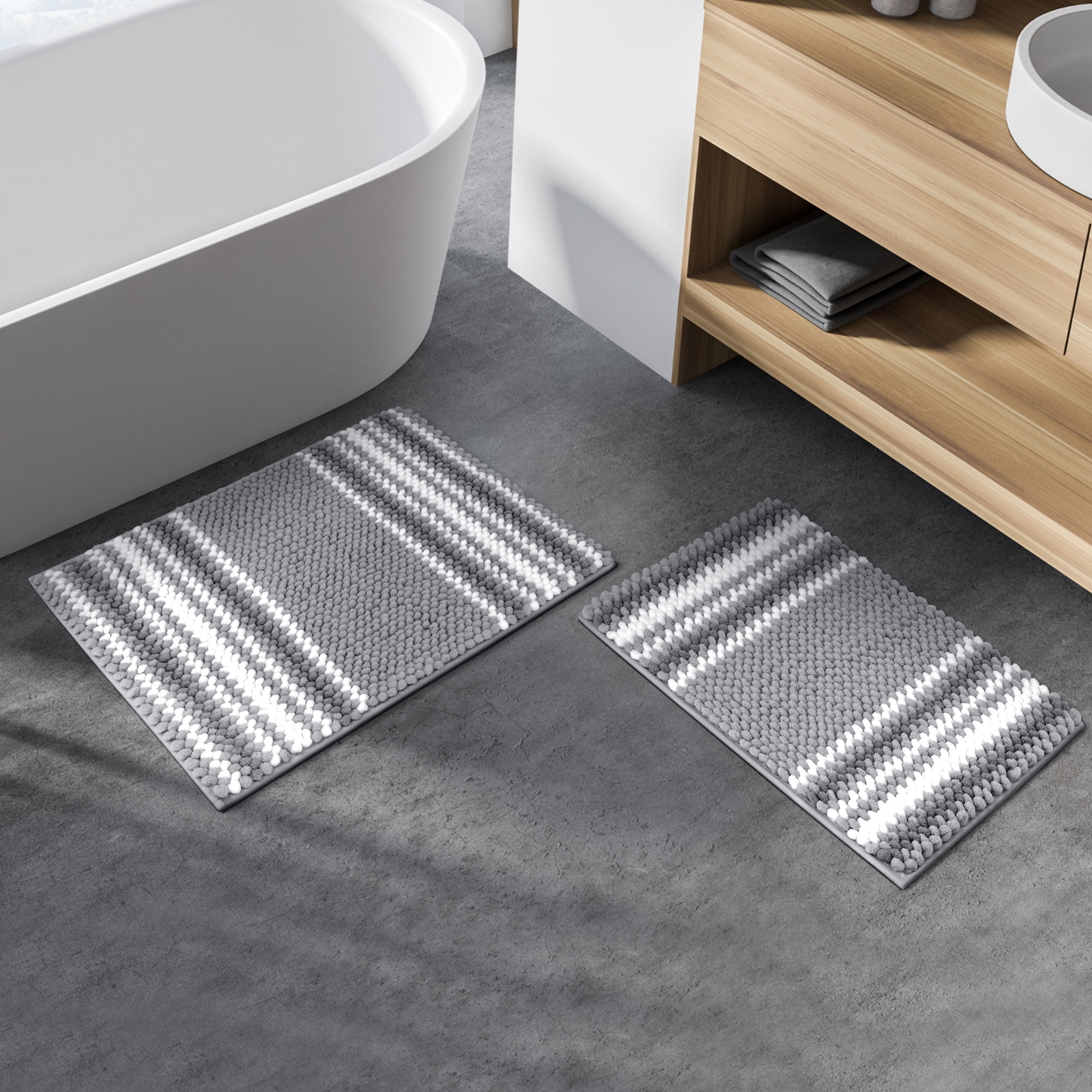 PiccoCasa 2Pcs Chenille Bathroom Rug Set Nonslip Absorbent Dark Gray 17x24" & 20x32