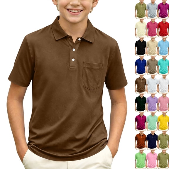 Boys Polo Shirt Short Sleeve Button up Collared Shirts Athletic Golf Youth Teen Boy School Uniform Kids Clothes 2026,Brown 140