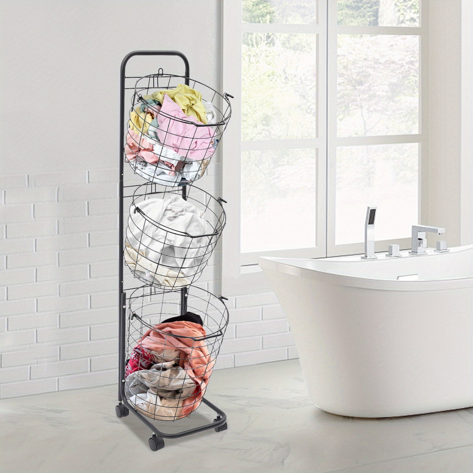3 Tier Modern Rolling Laundry Hamper with 3 Removable Wire Basket & 4 Universal Wheels Black 10.4*13*48.4