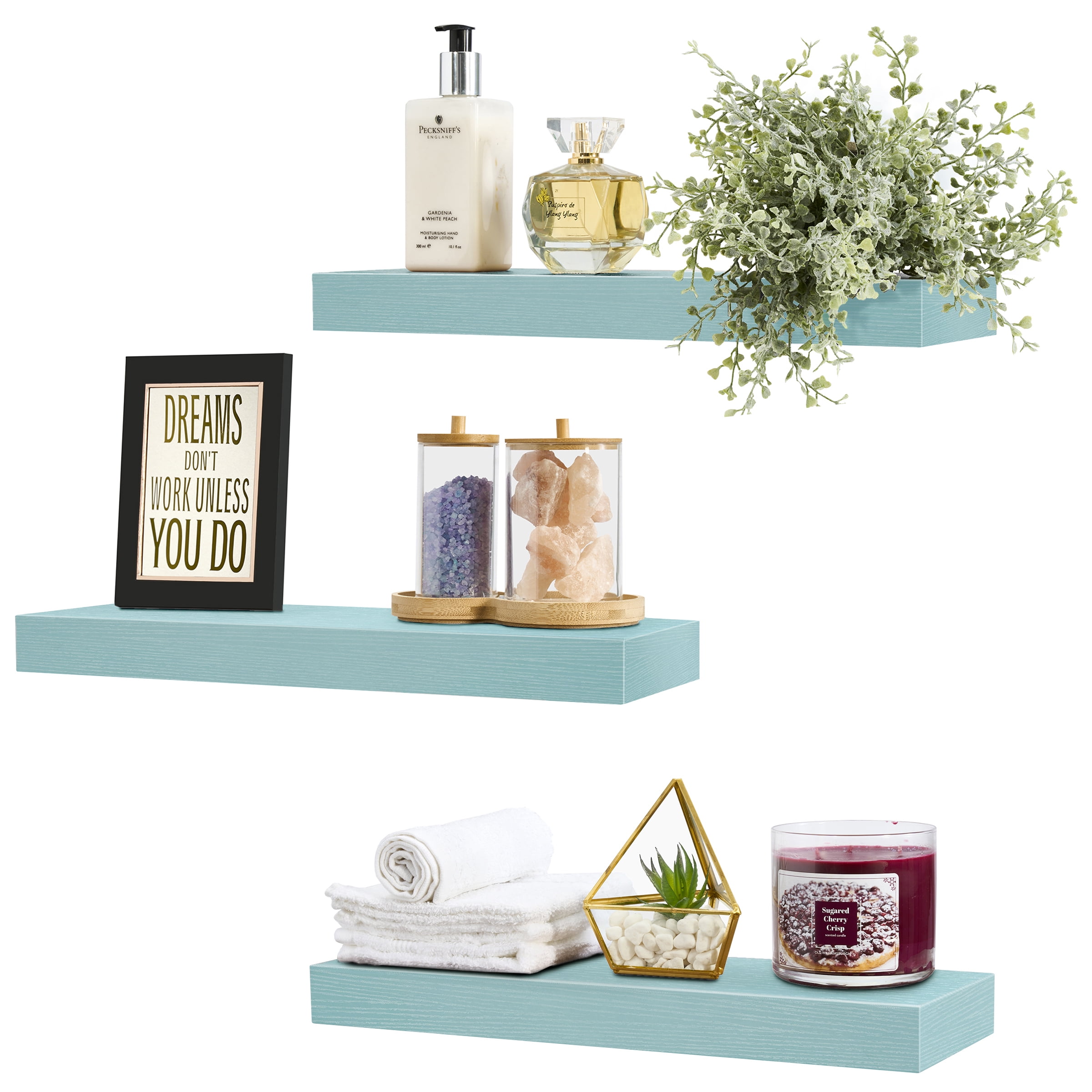 Sorbus 16.25" Floating Wall Shelves, 3 Pack, Ocean Blue, Invisible Brackets, Home Decor