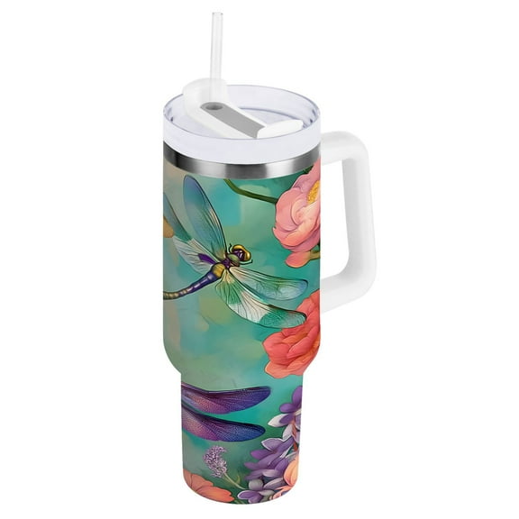 Ryvnso 40 oz Tumbler with Handle and Straw Insulated Stainless Steel Travel Mug with Lid Colorful Dragonfly Flowers