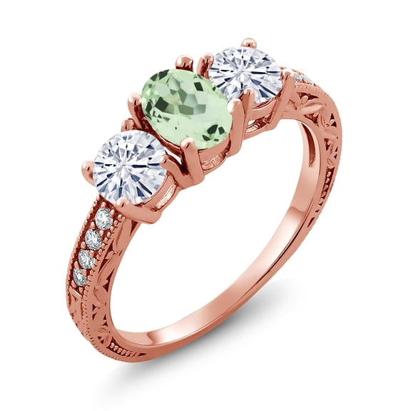 Gem Stone King 18K Rose Gold Plated Silver 3-Stone Ring Prasiolite Moissanite(1.87 Cttw) (Size 5)
