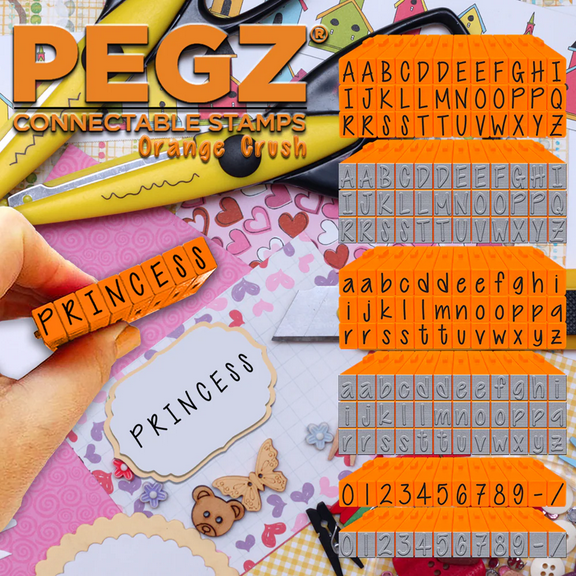PEGZ Alphabet Stamps Clickable - Connectable Orange Crush Font Uppercase, Lowercase & Numbers 84 Pc Medium Size