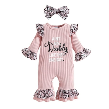 

SHIBAOZI Newborn Baby Girls Outfit Letter Leopard Print Ruffled Jumpsuit Flare Pants Bell Bottom One Piece Romper