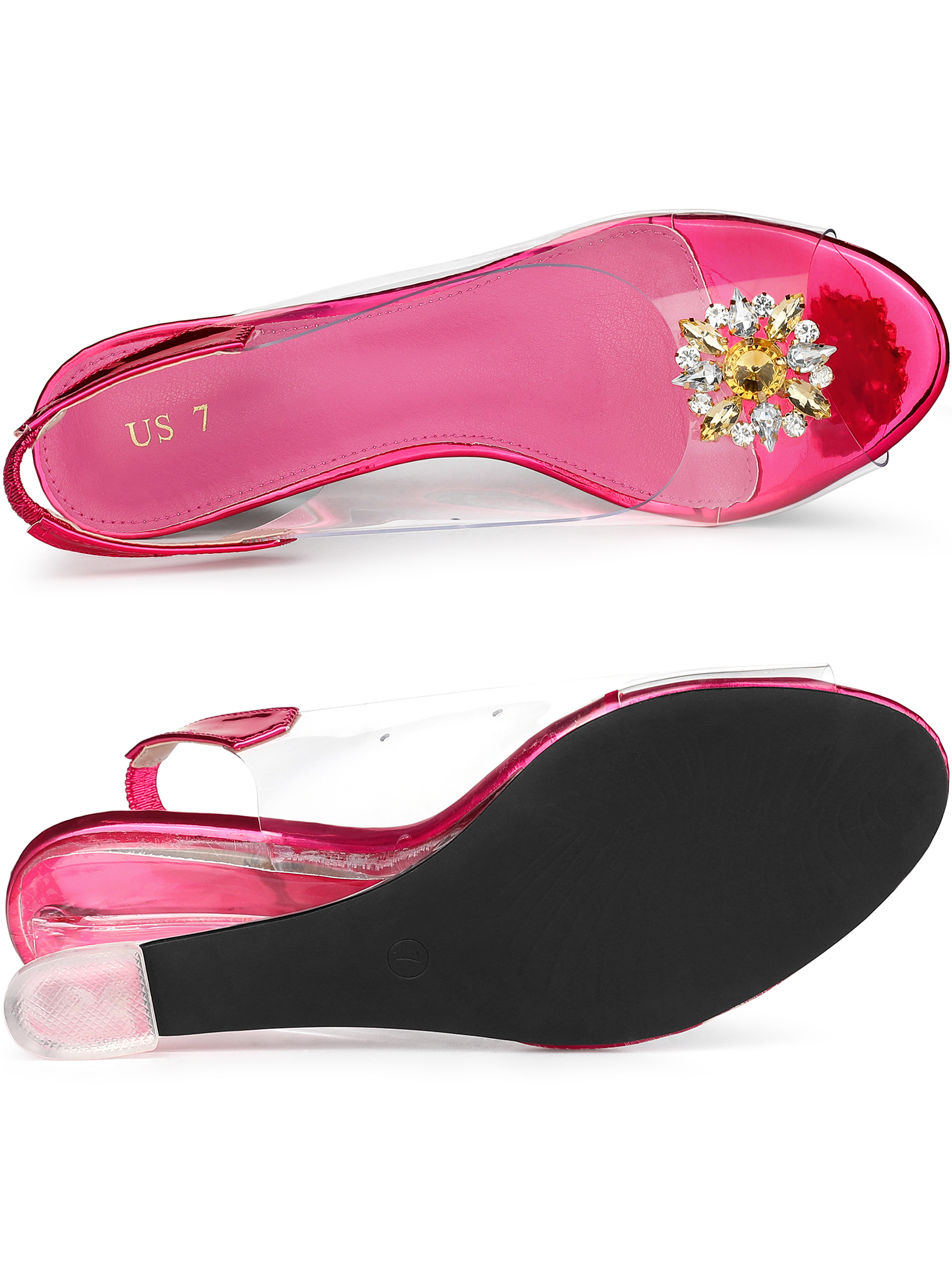 DARING DIVA Women's Clear Slingback Wedges Rhinestone Peep Toe Heels Hot Pink 8