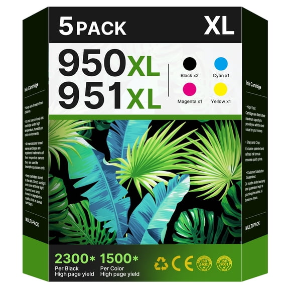 950XL 951XL Ink Cartridges Combo Pack 5 Pack for HP Printer Ink 950 951 XL to use with OfficeJet Pro 8600, 8610, 8100, 8620, 8630, Printer (2 Black|
