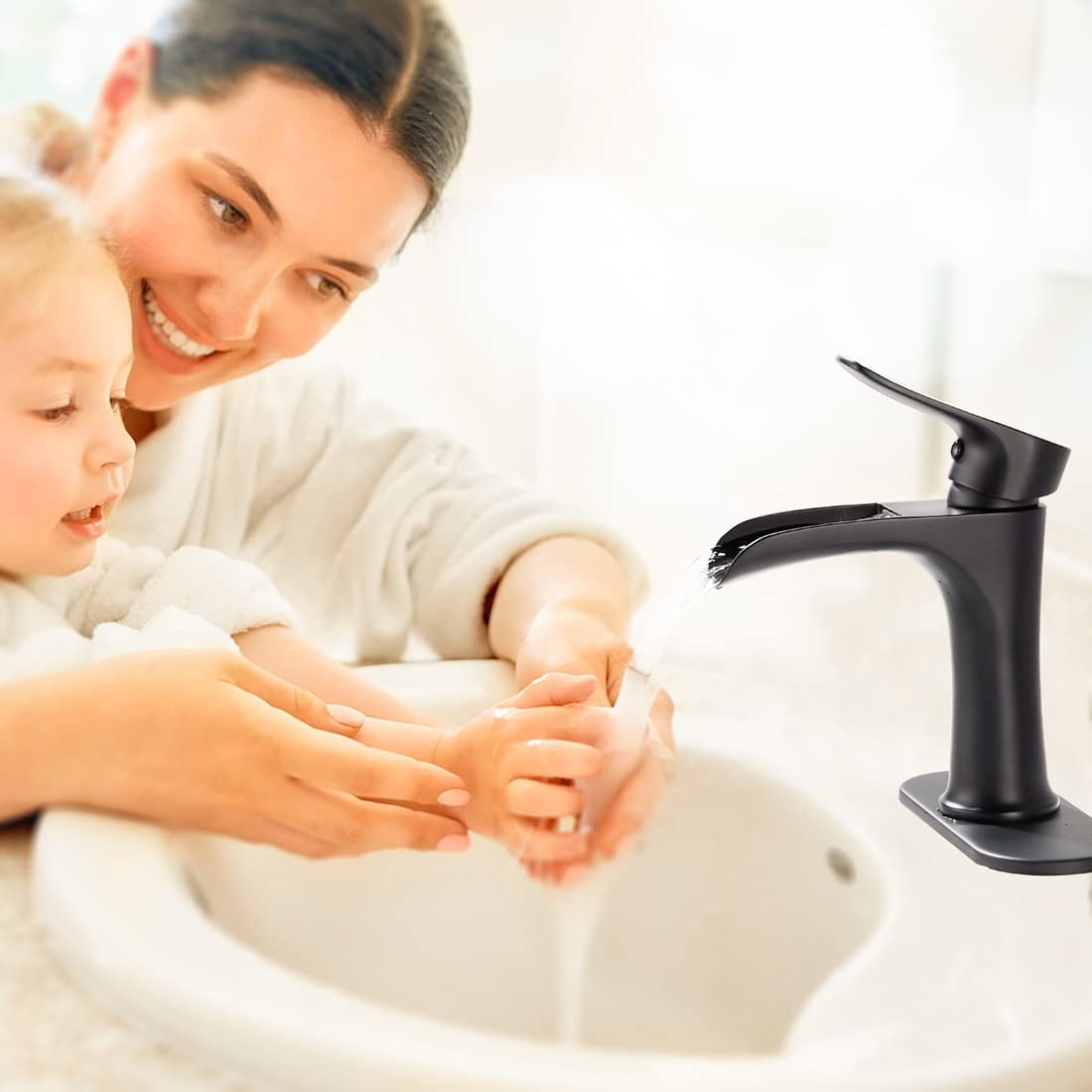 Matte Black Bathroom Faucet YUNDOOM Waterfall Bathroom Sink Faucet with Pop Up Drain Single Handle One Hole or Three Holes Vanity Faucet Farmhouse RV Bathroom Basin Faucet