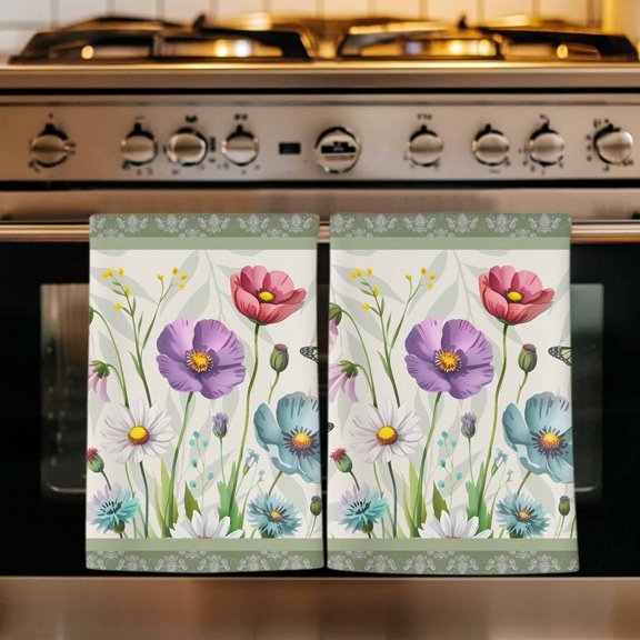 Spring Flowers Kitchen Towels Set of 3, Retro Boho Botanical Florals Butterfly Absorbent Dish Towels for Kitchen, Microfiber Hand Towel, Quick Drying Tea Towel for Cleaning Decorative Dishcloths