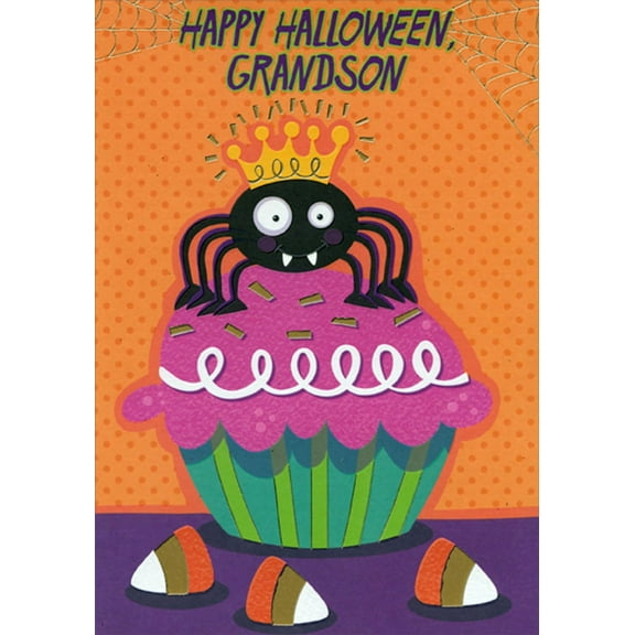 Designer Greetings Cute Spider Standing on Cupcake Juvenile Halloween Card for Grandson