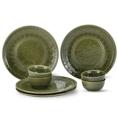 

Handcrafted Stoneware Embossed Dinner Set Of 4 - Ceramic Pack Of 8 Pcs Moss Green | 4 Dinner Plates + 4 Bowl Or Katoris 180ml Each | Microwave & Dishwasher Safe | Serving For 4