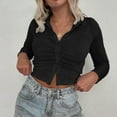 thumbnail image 7 of Tittly Button Down Shirts Womens Shirts Women's Long Sleeve Button Down Ruched Crop Top Shirts Going Out Tops Slim Tops Going Out Tops Long Sleeve Shirts for Women Black S, 7 of 7