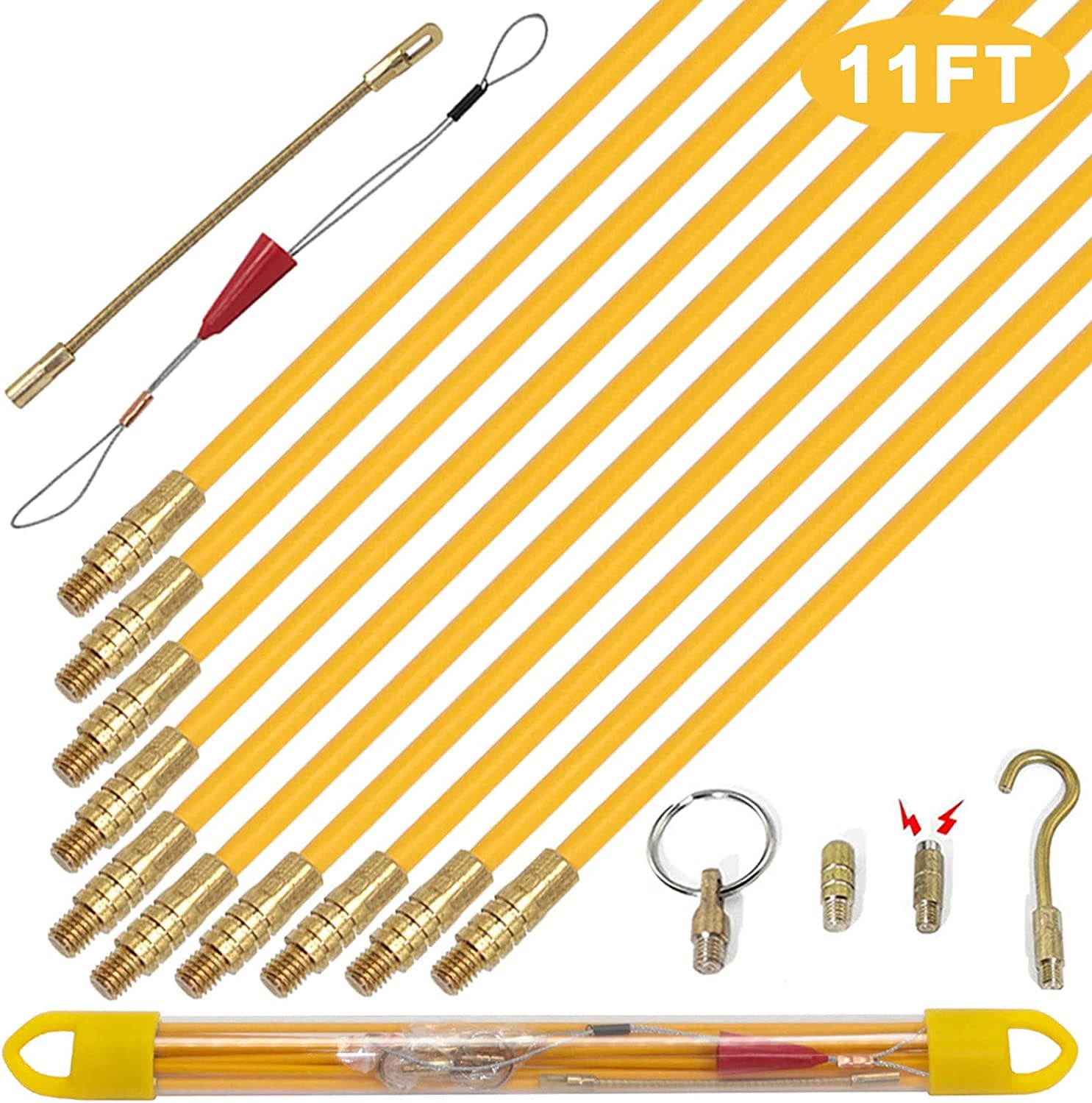 electrical fish pole KOOTANS 11FT Fiberglass Running Wire Cable Glow Rods Wire Pulling Tools Tape Cable Puller Through Wall Snake Fish Rods Kit with Different Attachments With its glow in the dark design and easy assembly 7-5B