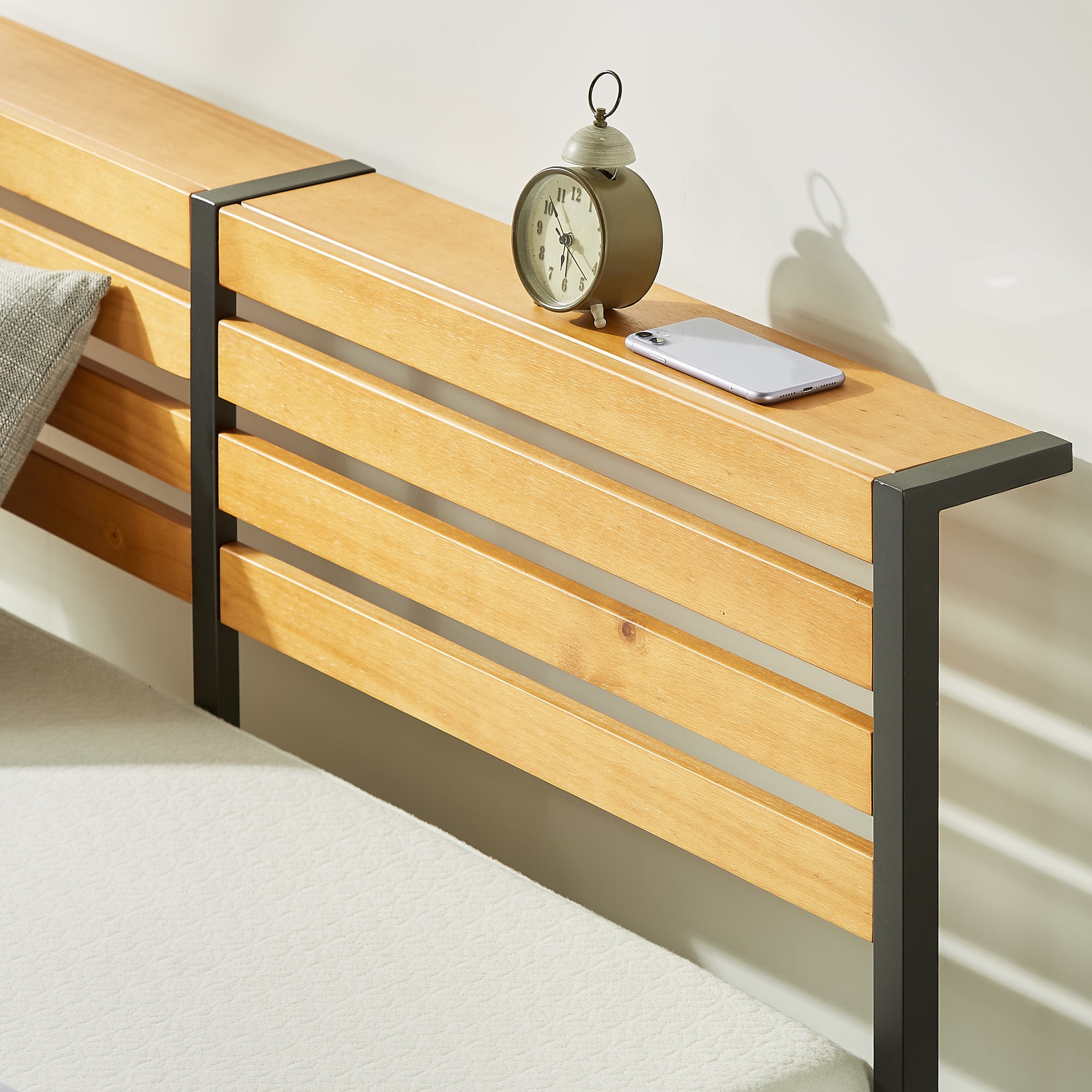 Mellow Kasi Metal Platform Bed with Panel Headboard Shelf, Solid Pine Wood, Black, Queen