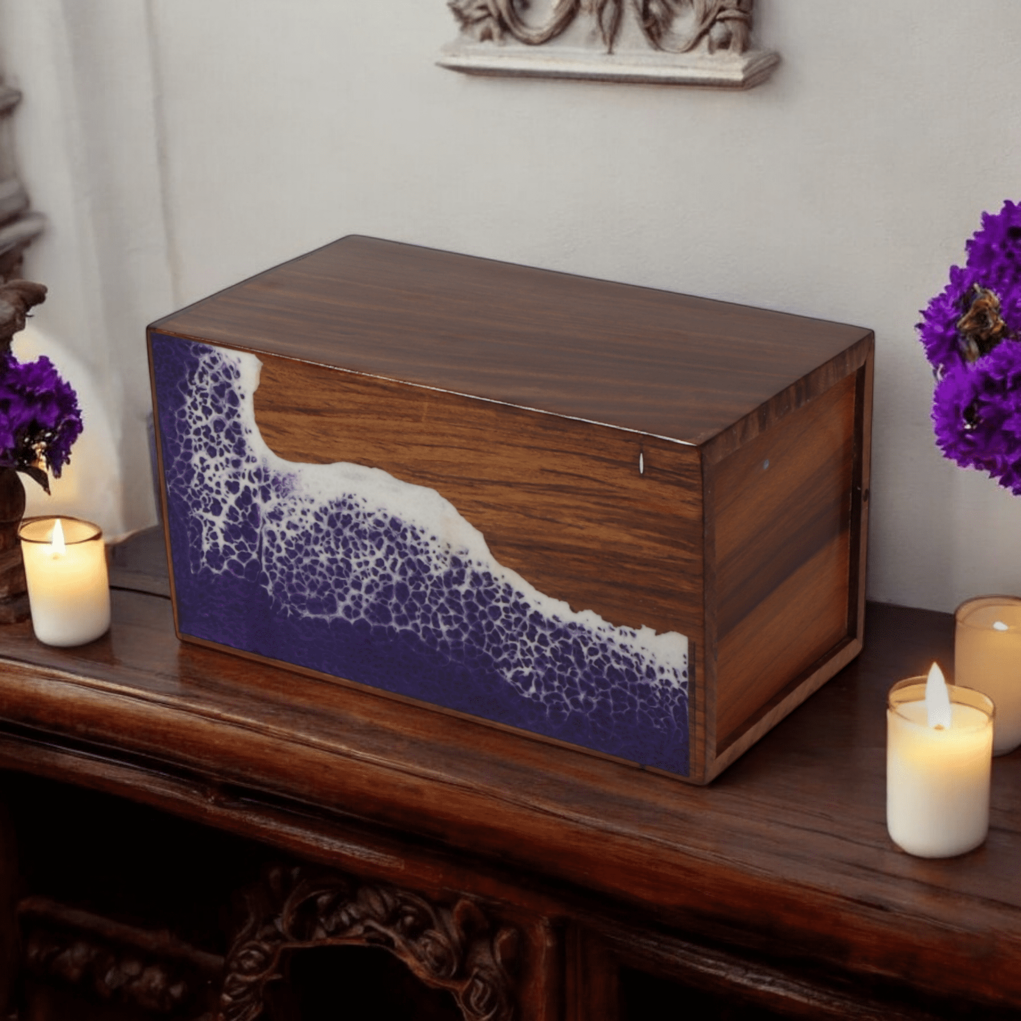 Wooden Cremation Urn for Human and Pet Ashes, Memorial Urn, Burial Urn, Keepsake Urn, Adult Urn with Epoxy Design (Extra Large)