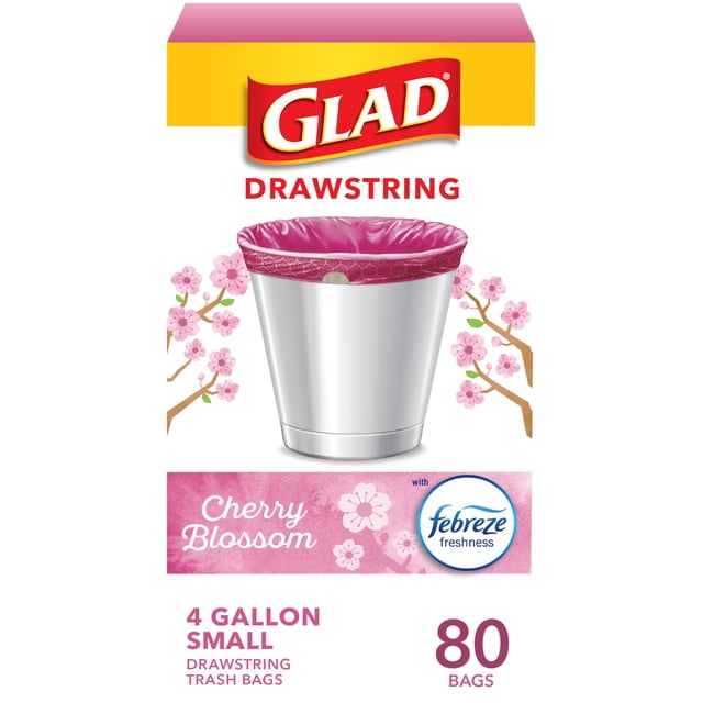 Glad OdorShield - Bolsas de basura pequeñas con cordón, bolsa de basura de 4 galones, flor de cerezo Febreze, 80 unidades (el paquete puede variar)