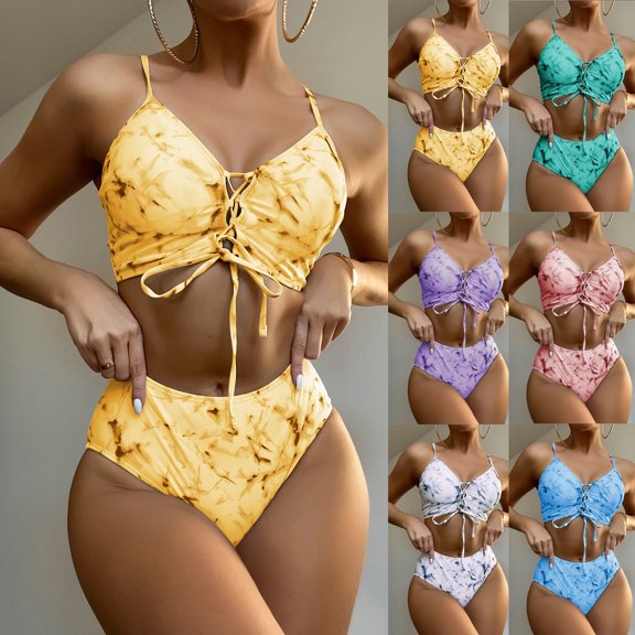 Jacenvly 2024 Bikinis for Juniors 2 Piece Quick Drying Fashion Women One-Piece Swimsuit Waistless Printing Halter Lace Bikini Multicolor Trendy Beach Bikini Wrap Blue