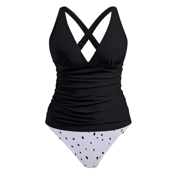 Women's Two Piece Tankini Swimsuit Floral Print High Waist Tankini Top with Briefs Cross Back Beach Wear Black L