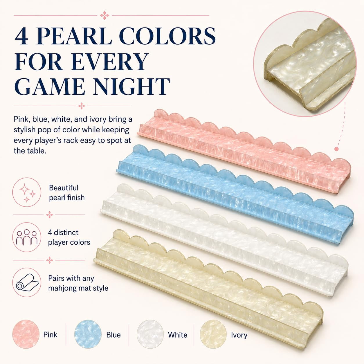 Pearl Scalloped Mahjong Racks with Magnetic Pushers 17.5''/20'', Tortoise Mahjong Rack & Pusher Set of 4