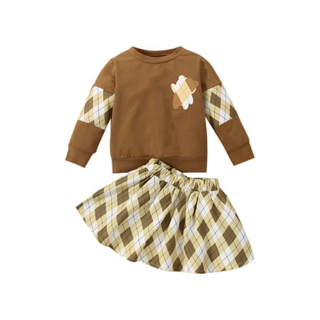 

Bagilaanoe 2pcs Toddler Baby Girl Skirt Set Bear Print Long Sleeve Sweatshirt Tops Rhombus Print Skirt 6M 12M 18M 24M 3T Fall Casual Outfits