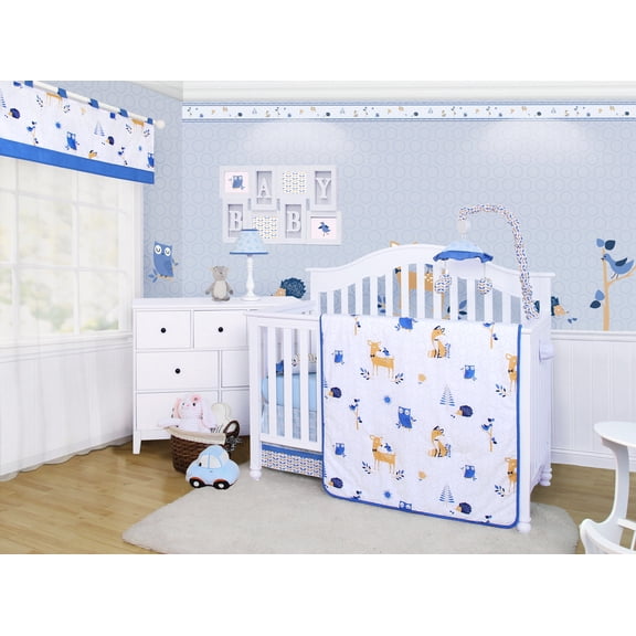 OptimaBaby Blue Enchanted Woodland Forest Animals 6 Piece Baby Nursery Crib Bedding Set