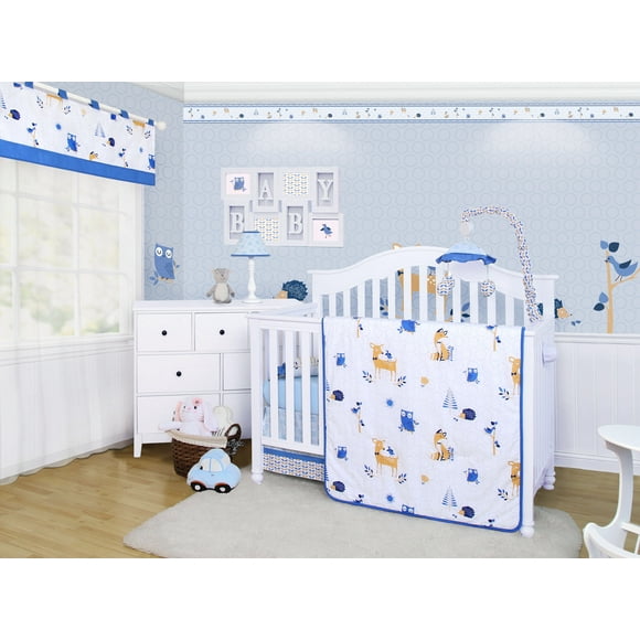 OptimaBaby Blue Enchanted Woodland Forest Animals 6 Piece Baby Nursery Crib Bedding Set