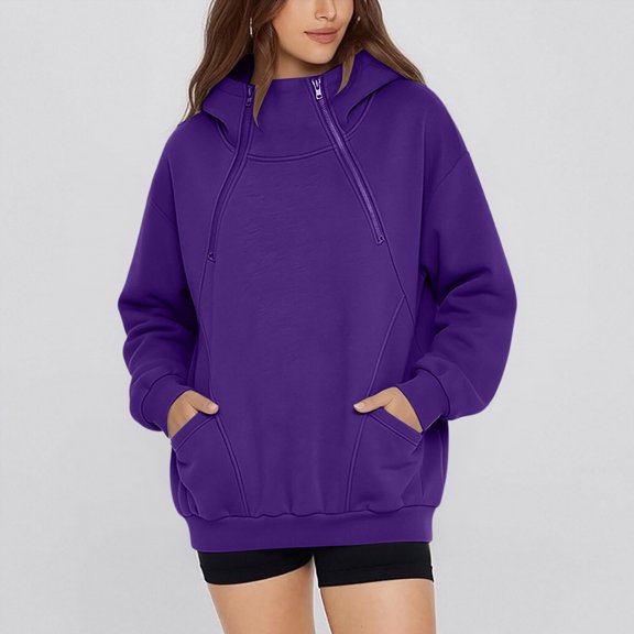 ECHFIPROM Womens Hoodies with Pocket Oversized Long Sleeve Purple Solid Color Casual Womens 1/4 Zip Hooded Daily Basic Top,M