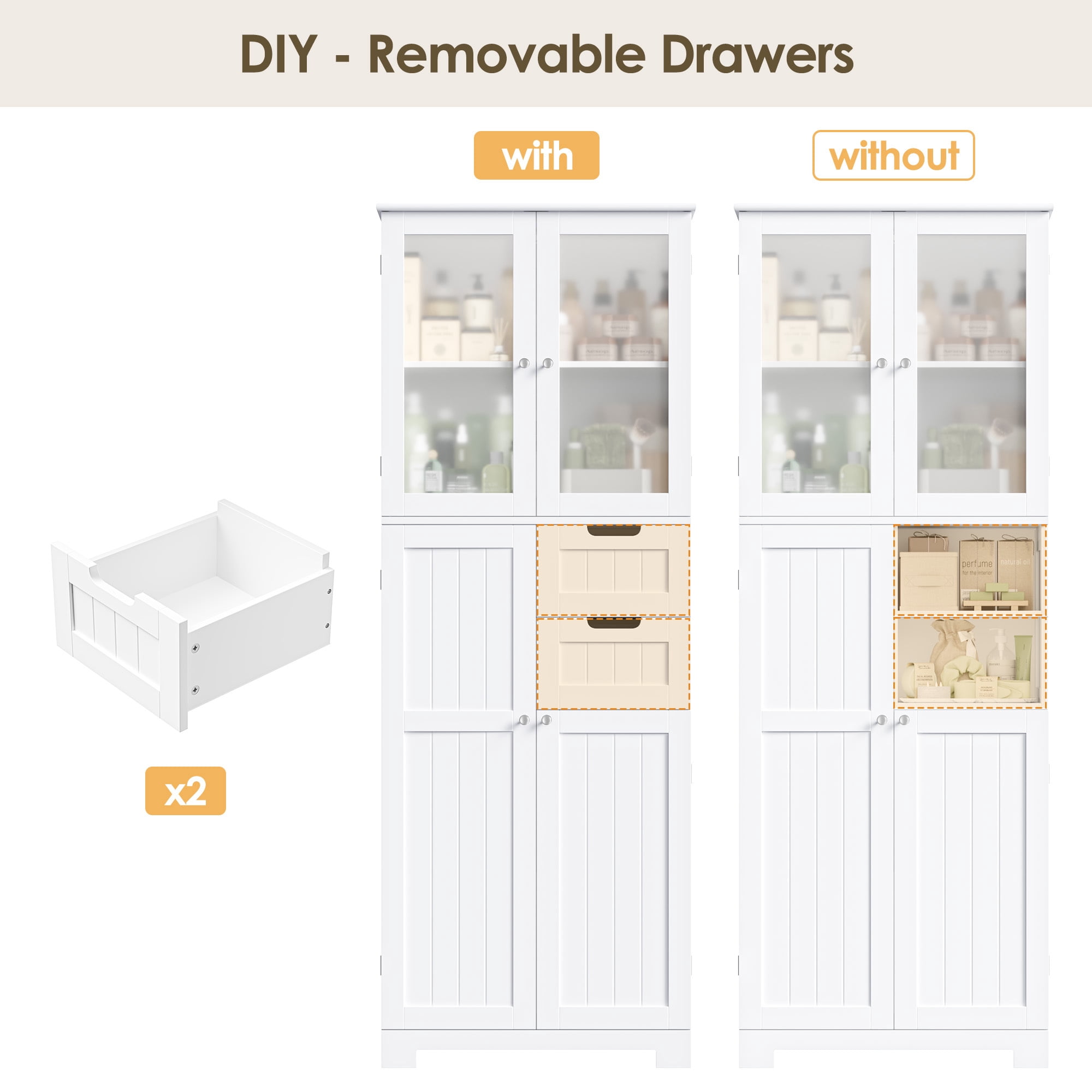 Homfa 67" Tall Bathroom Cabinet, White Linen Cabinet with Doors and Removable Drawers, Kitchen Cupboard