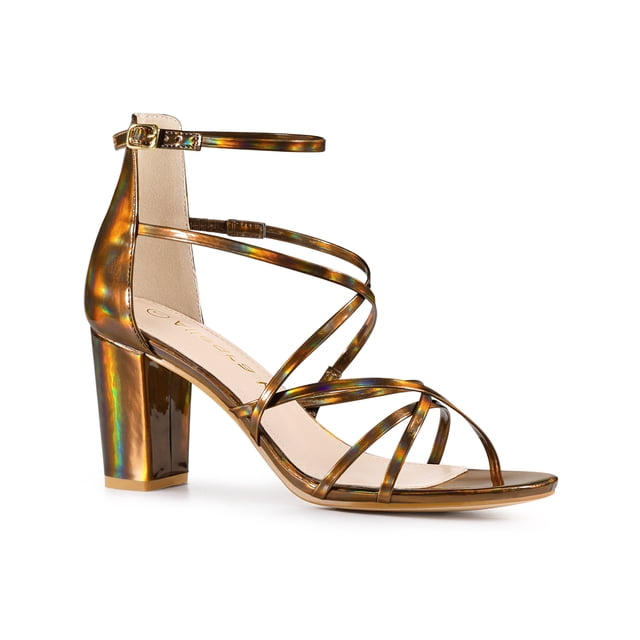 BLISSFUL STEP Sandales à Talon Bloc à Brides Croisées pour Femme Brun (Taille 9)