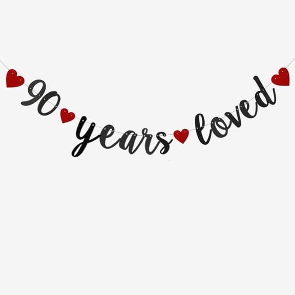90 Years Loved Banner, Pre-Strung, Black Glitter Paper Banner for 90th Birthday Party 90th Wedding Anniversary Party Decorations Supplies, No Assembly Required,Letters Black,