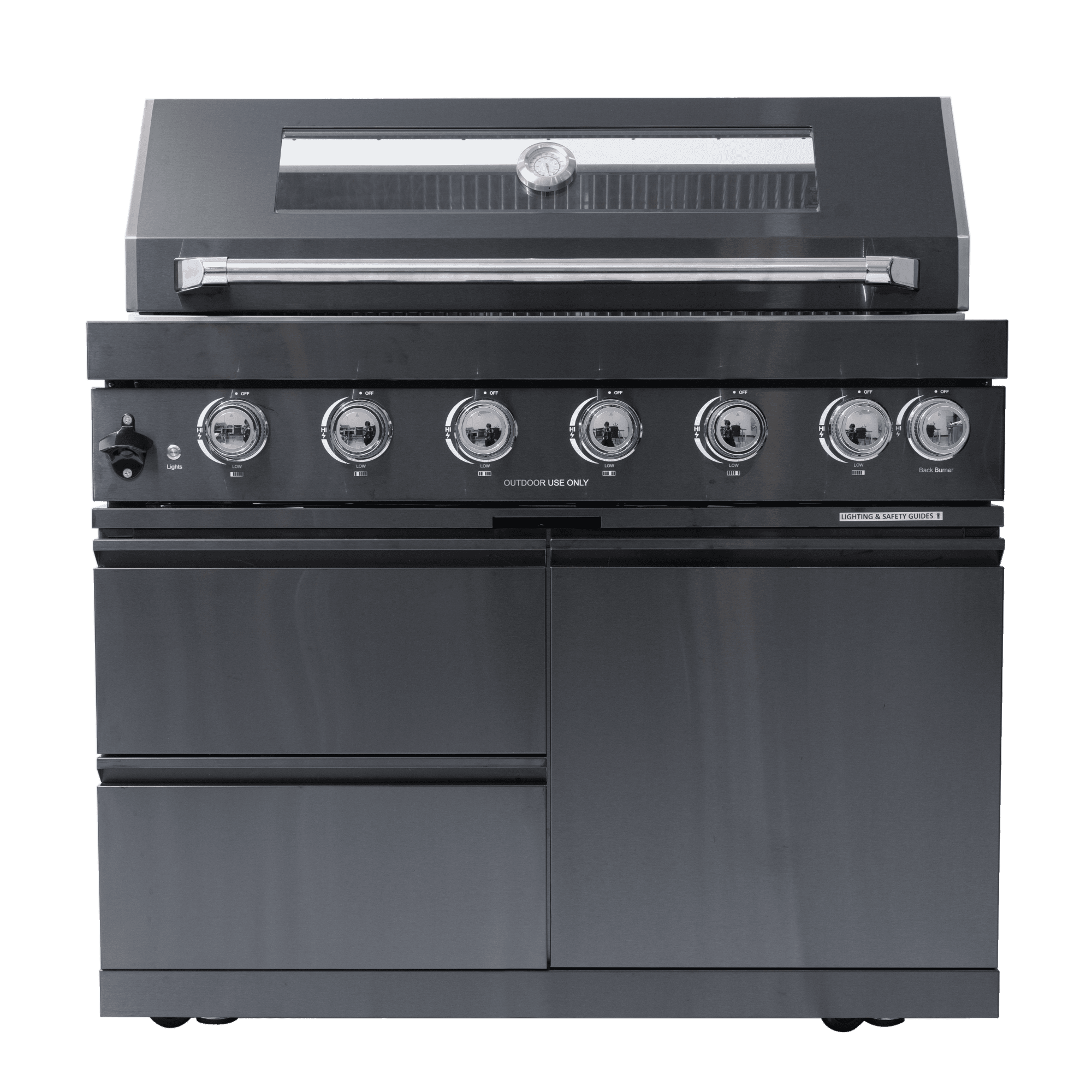 Stainless Steel 43-inch 6-Burner 85000 BTU Deluxe  LP Gas Outdoor Kitchen Bar Barbecue Island Grill + Wine Cooler Compact Refrigerator + Rotisserie Kit + Granite Countertops + Stainless Steel Sink