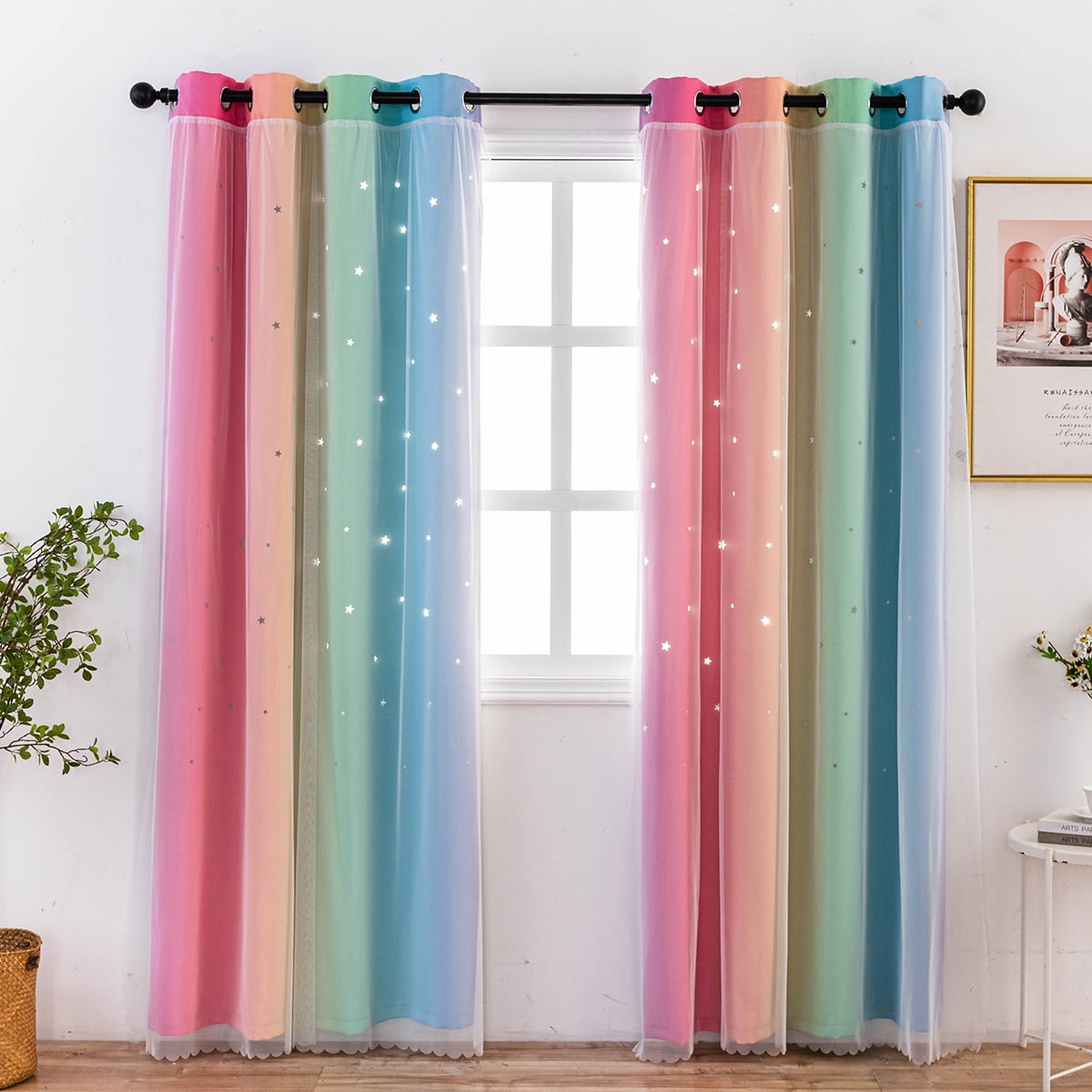 Anjee Blackout Curtains for Kids Girls Bedroom Curtain,Star Curtain Dual Layer Curtains with Sheer 2 Panel Set,52" x 63",Rainbow Color