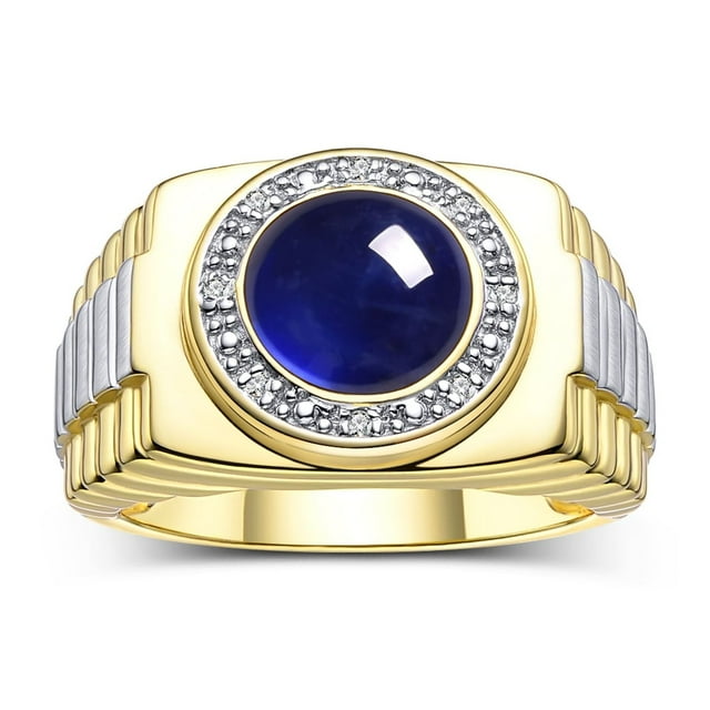 RYLOS Men's Rings 14K Yellow Gold Ring Cabochon Gemstone & Diamonds Designer Style Sapphire Rings For Men Size 12