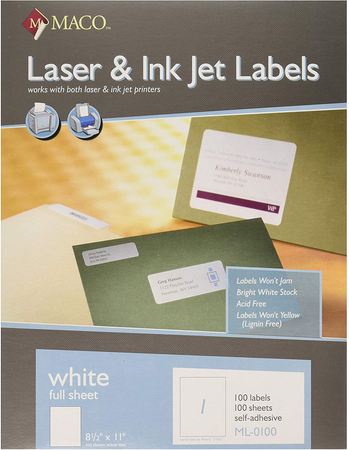 Laser/Ink Jet White Full Sheet Labels, 8-1/2 x 11 Inches, 1 Per Sheet, 100 Per Box (ML-0100 ...