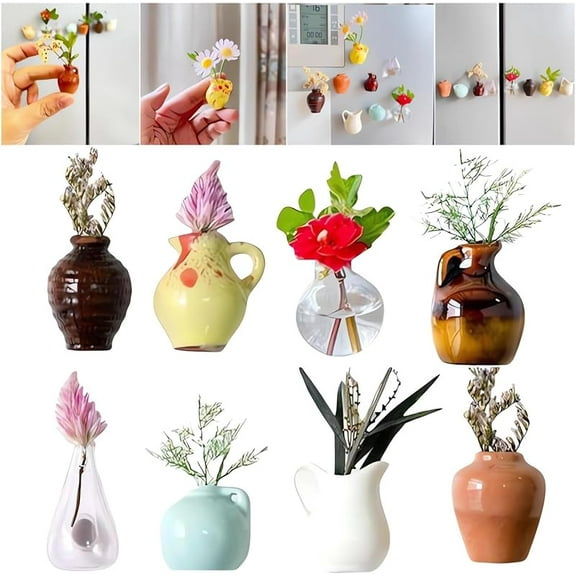 8PCS Mini Vase Magnets - Bud Vases Magnetic 2025 New Cute Mini Ceramic Magnets for Fridge 3D Ceramic Flower Vase Funny Refrigerator Accessories Kitchen Office Decoration (Multicolor)