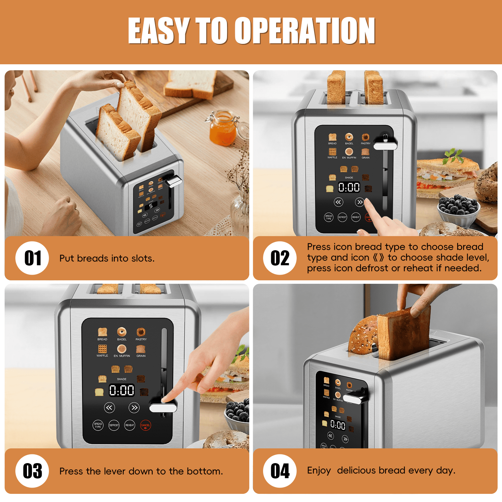 WHALLULTRA Touchscreen Toaster 2 Slice, Stainless Steel, 1.5 " Wide Slots, Bagel, Defrost, 850W