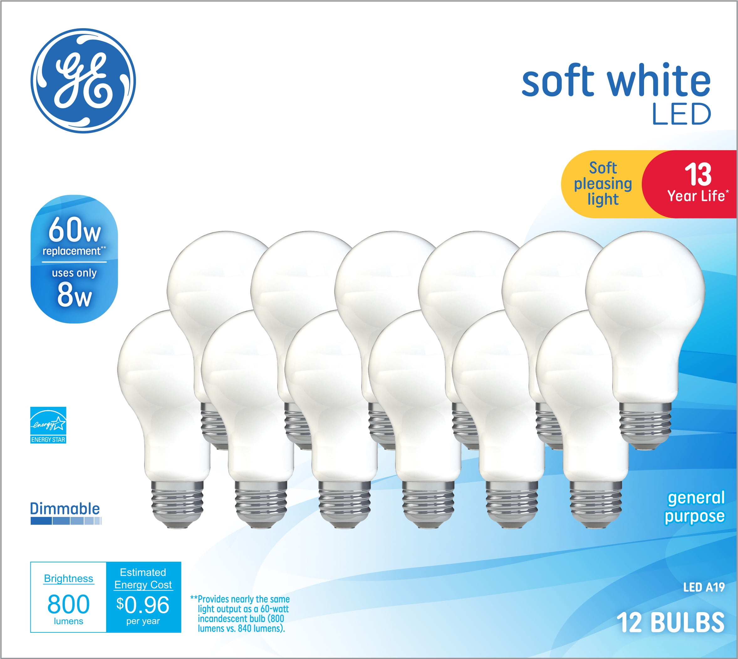 GE Soft White LED Light Bulbs, 60 Watt Eqv, A19 General Purpose, 13 year, 12pk