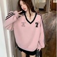thumbnail image 1 of Real Shot 2024 Korean Style Jersey Style Loose Casual Sweater Women's Lace Stitching Color Contrast Striped Long Sleeve Top, 1 of 5