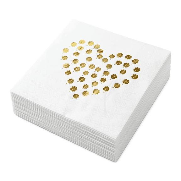 CLOVER 3-Ply Gold Foil Luncheon Napkins, 5 x 5 Inch, Lucky Four Leaf Clover Heart Pattern, Disposable Paper Napkins for Weddings and Parties