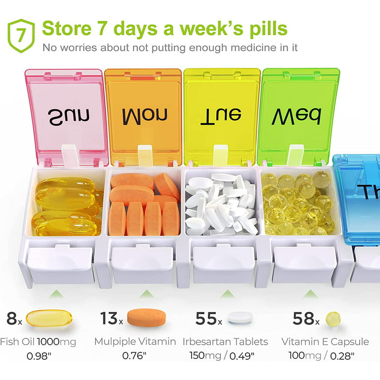 Portable Weekly 7-Day Pill Organizer, Travel Medicine Box, Rainbow Color, BPA Free with Easy Push Button Design Case Holder for Pills/Vitamin