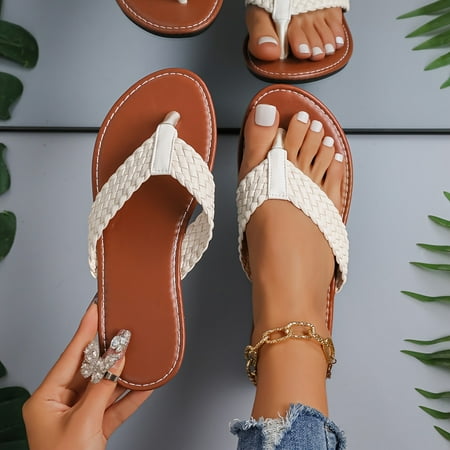 

Women s Braided Flip Flops Summer Flat Casual Slip-on Thong Sandals Comfortable Beach Footwear