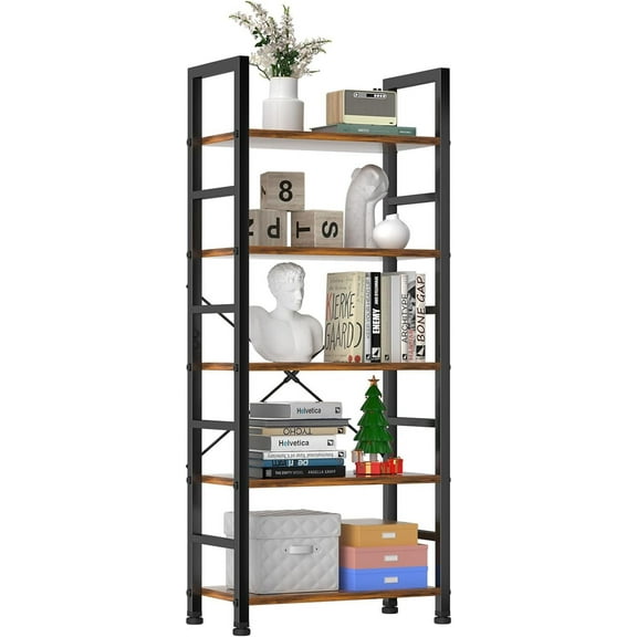 5 Tier Wooden Bookshelf Storage Shelves Organizer Retro Bookshelf Plant Display Shelf for Living Room Home Office Balcony - Rust Brown
