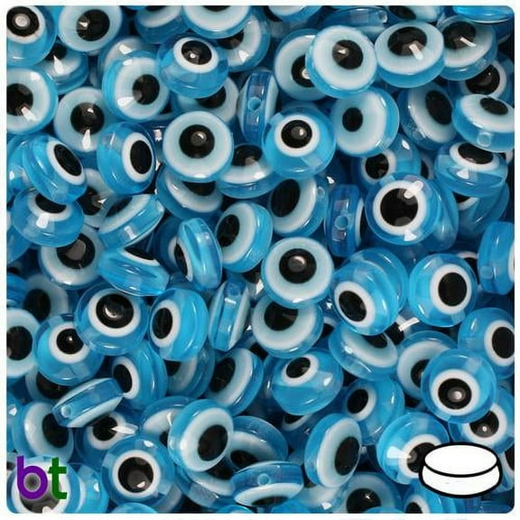 BeadTin Turquoise Transparent Evil Eye 10mm Flat Round Resin Beads (100pcs)