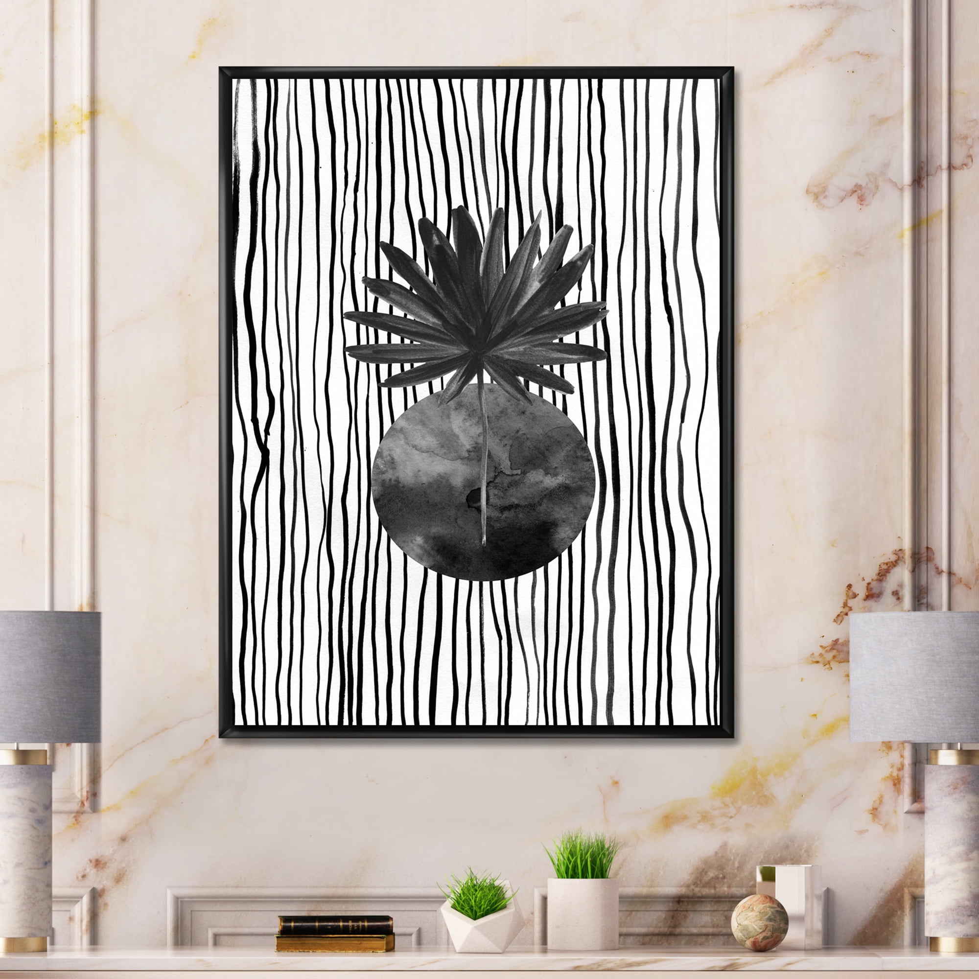 Designart 'Black and White Striped Under Tropical Leaf I' Modern Framed Canvas Wall Art Print