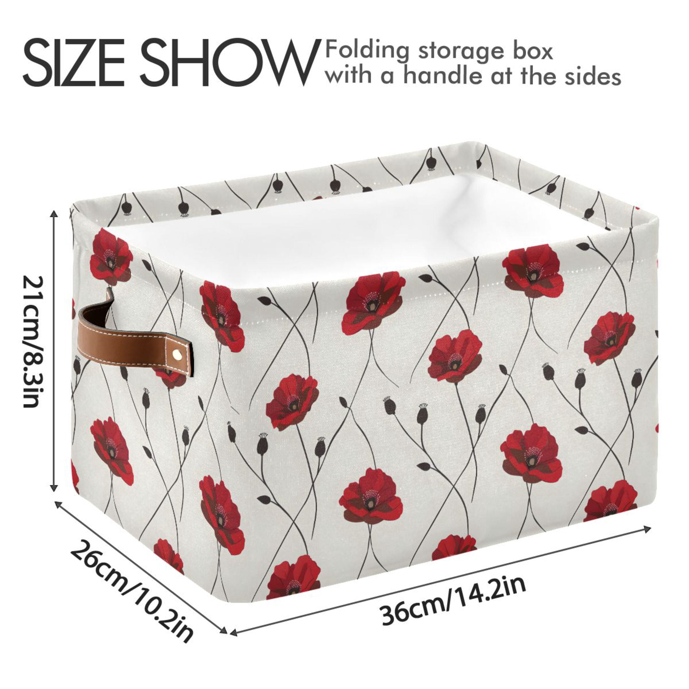 Poppies Flower Storage Bins with Handle Fabric Organizer Basket Foldable Box 2 Pack 14.2x10.2x8.3