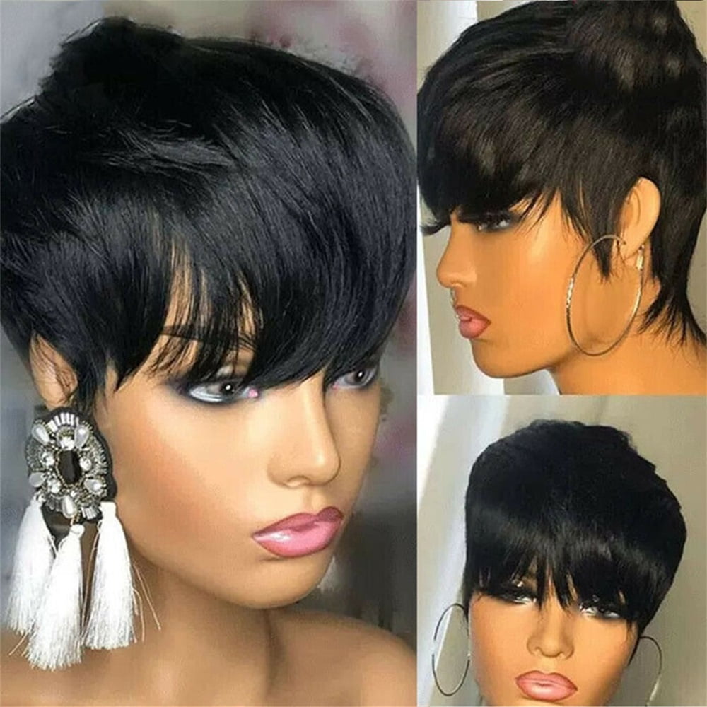 Short Human Hair Wigs Machine Made Wigs with Bangs No Lace Wig