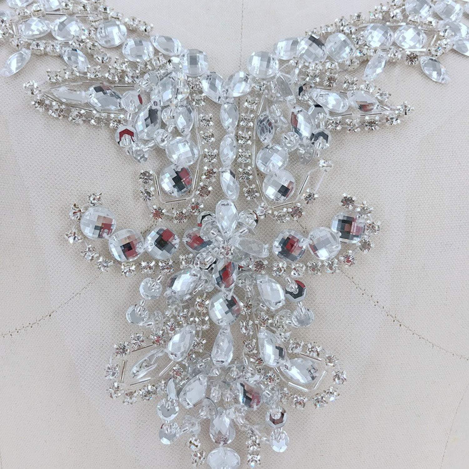 Rhinestone Neckline Trims Beaded Sequined Bodice Appliques Stitch Addition Fringe for Wedding Dress Evening Gown Gold Color