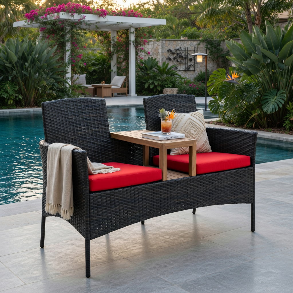 Hommoo Modern Outdoor Patio Conversation Set with Built-in Trapezoid Coffee Table & Removable Cushions, Brown Rattan, Red