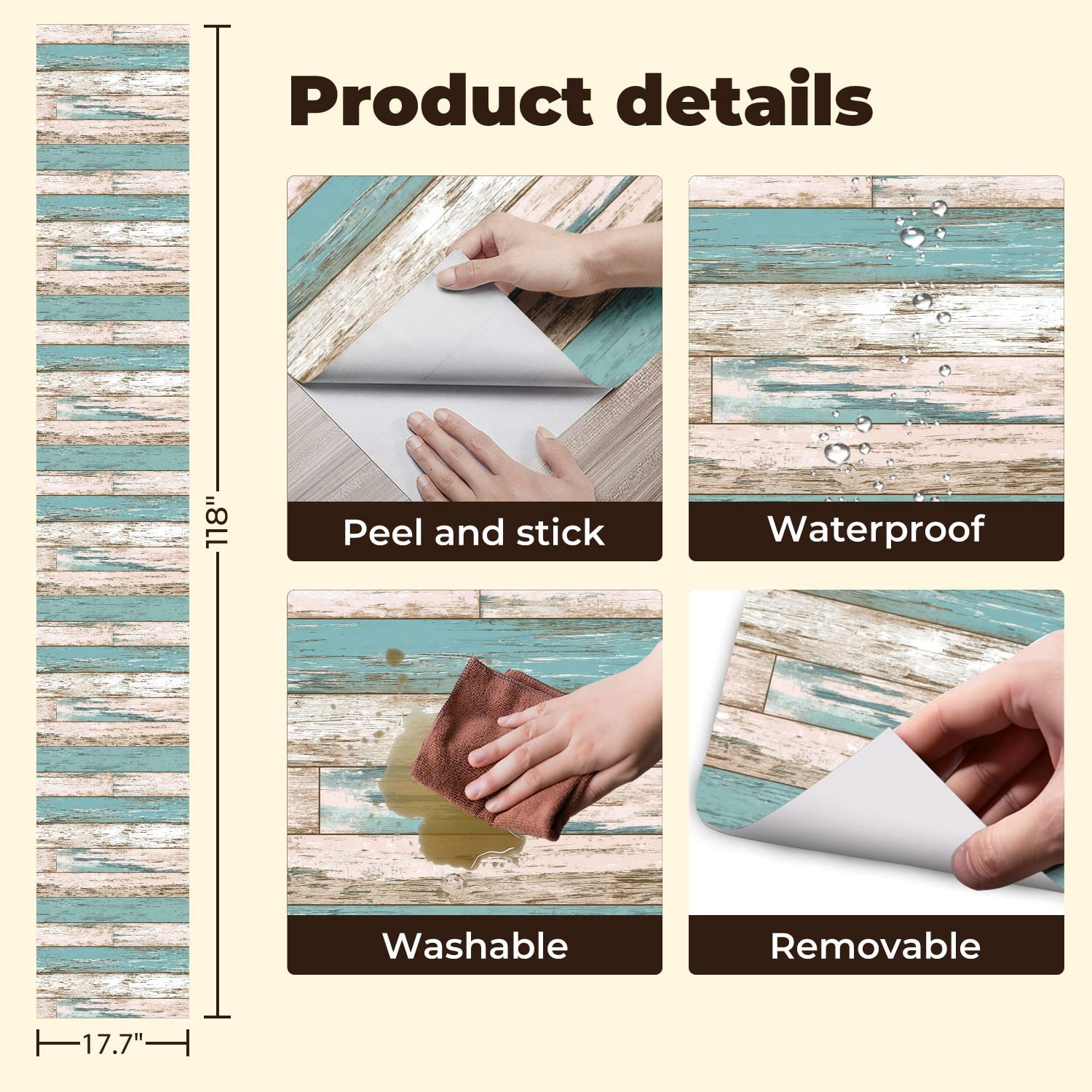 Peel and Stick Wallpaper Distressed Rustic Wooden Planks Soft Pastel Colors Wall Mural 17.7in x 9.8ft Self Adhesive Removable Wall Paper Renter Friendly Wallpaper for Nursery Bedroom Cabinets