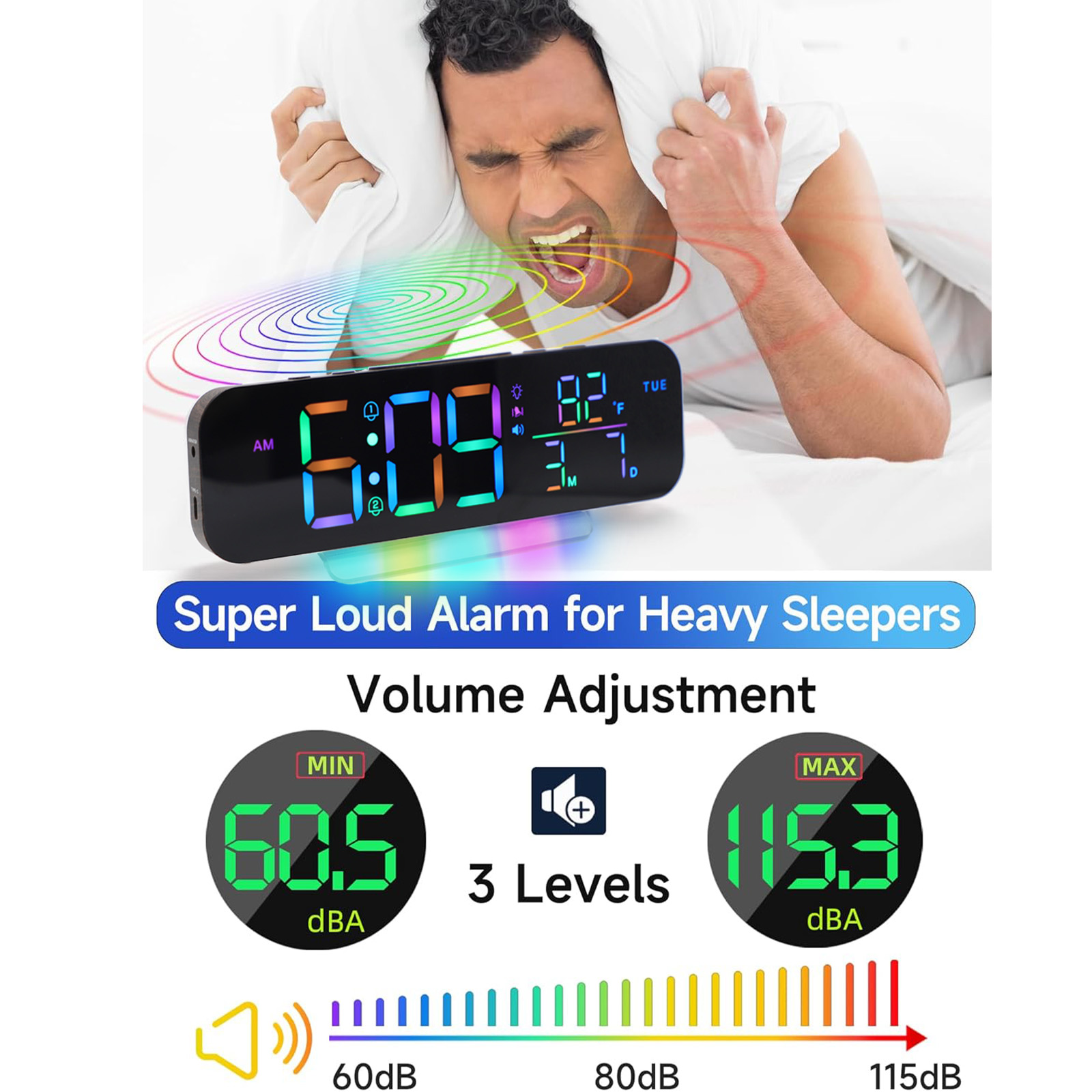 ITIGOITIE Extra Loud Vibrating Alarm Clock,Adjustable Volume,Dimmer,Large LED Digital with RGB Night Light for Bedrooms,Kids,Teens(Wood)